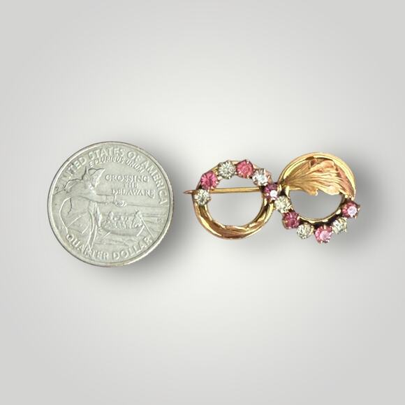 Vintage C.T. 1/20 10KT Gold Filled Double Circle Brooch Pink & Clear Rhinestones - Picture 7 of 8